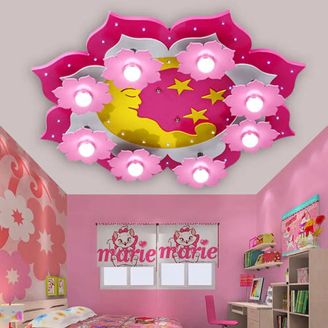 Pink Blossom Ceiling Light With 8 Moon And Star Lights For Girls Bedroom