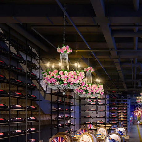 Pink Iron Flower Candelabra Chandelier With Crystal Accents For Farmhouse Lighting