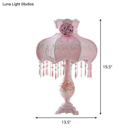 Pink Korean Garden Scalloped Table Lamp For Bedroom With Drape And Vase Base