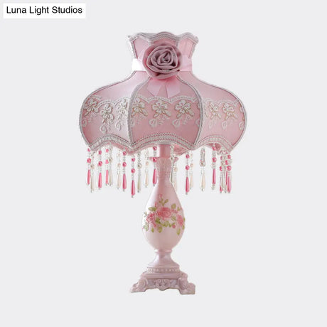 Pink Korean Garden Scalloped Table Lamp For Bedroom With Drape And Vase Base