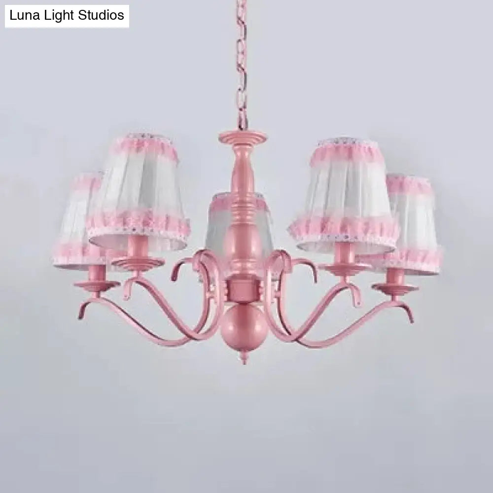 Pink Lace Metal Trapezoid Chandelier With Hanging Lamp For Kids Restaurant
