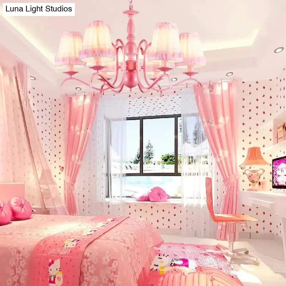 Pink Lace Metal Trapezoid Chandelier With Hanging Lamp For Kids Restaurant