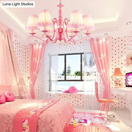 Pink Lace Metal Trapezoid Chandelier With Hanging Lamp For Kids Restaurant