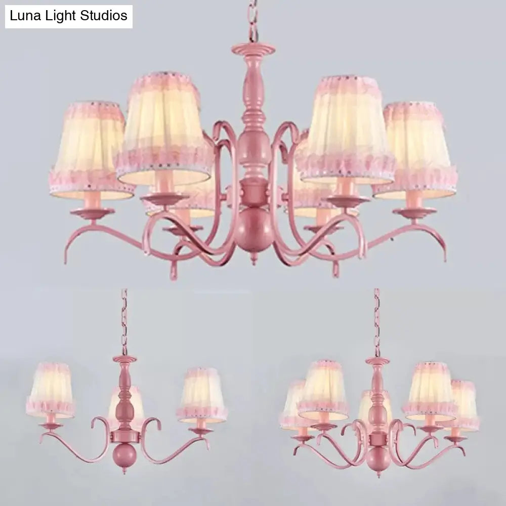 Pink Lace Metal Trapezoid Chandelier With Hanging Lamp For Kids Restaurant