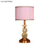 Pink Pleated Fabric Nightstand Lamp With Crystal Orbs: Traditional Design In Pink/White/Coffee Shade