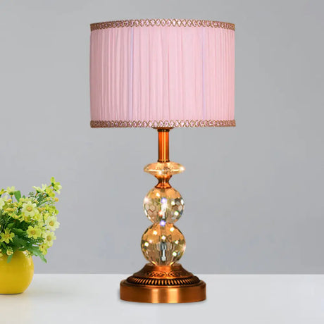 Pink Pleated Fabric Nightstand Lamp With Crystal Orbs: Traditional Design In Pink/White/Coffee Shade