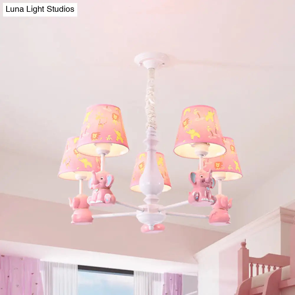 Pink Tapered Shade Elephant Metal Pendant Chandelier For Game Room