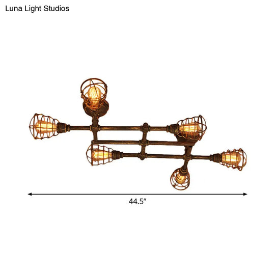 Piping Industrial Antiqued Bronze Metal Semi Flush Mount Ceiling Light With Cage 6 /