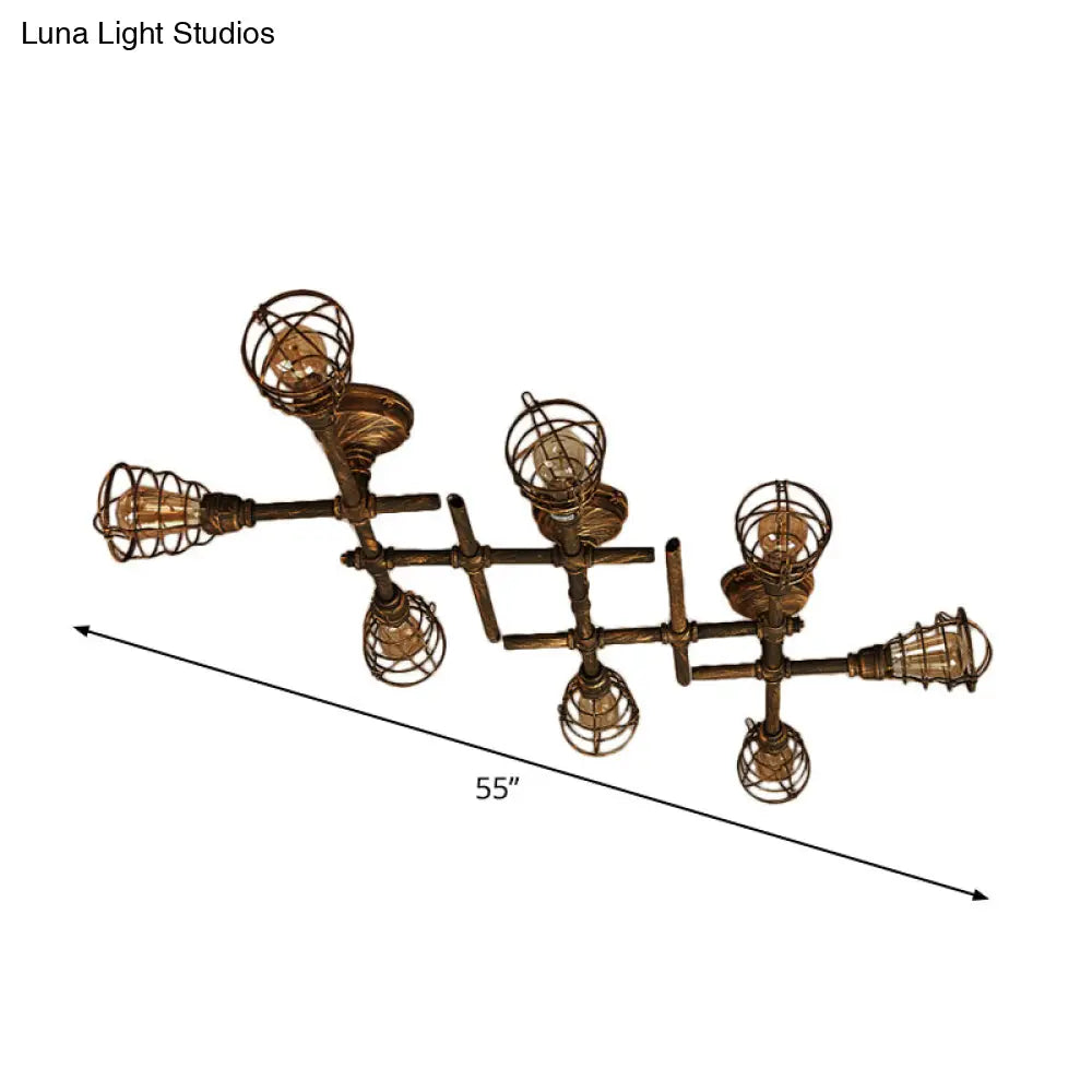 Piping Industrial Antiqued Bronze Metal Semi Flush Mount Ceiling Light With Cage 8 /