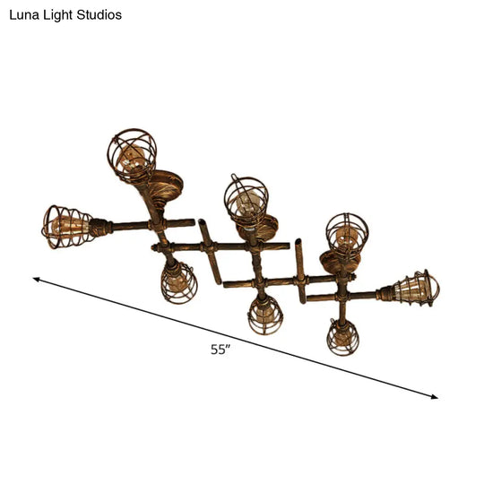 Piping Industrial Antiqued Bronze Metal Semi Flush Mount Ceiling Light With Cage 8 /