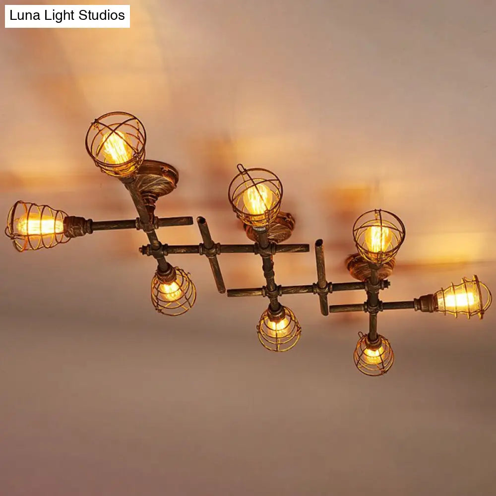 Piping Industrial Antiqued Bronze Metal Semi Flush Mount Ceiling Light With Cage