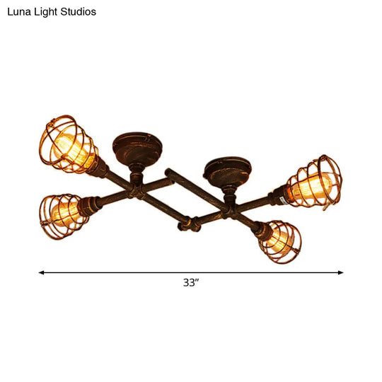Piping Industrial Antiqued Bronze Metal Semi Flush Mount Ceiling Light With Cage 4 /