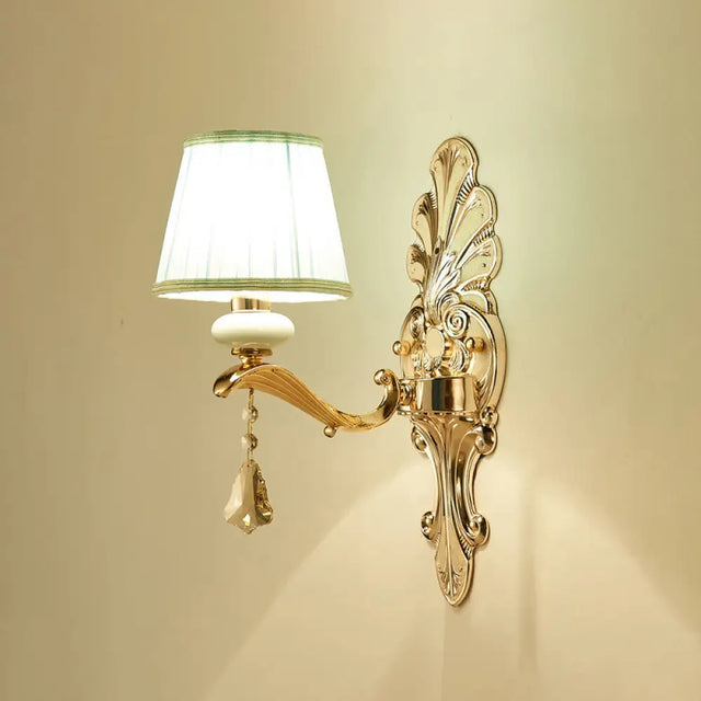 Pleated Fabric Wall Lamp In Antiqued Gold For Elegant Living Room Lighting 1 /