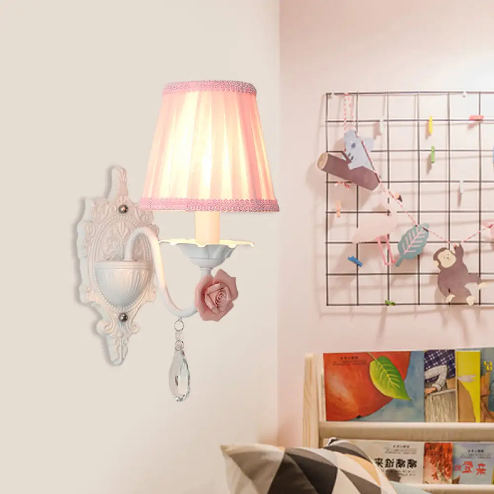 Pleated Fabric Wall Sconce: Pastoral Pink/Blue Bedside Light With Rose Decor 1 / Pink