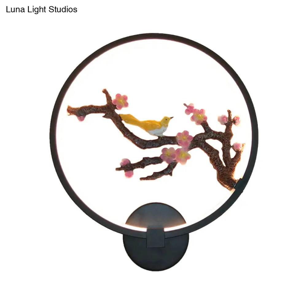 Plum Blossoms Wall Mural: Elegant Oriental Style Led Lighting In Metallic Black