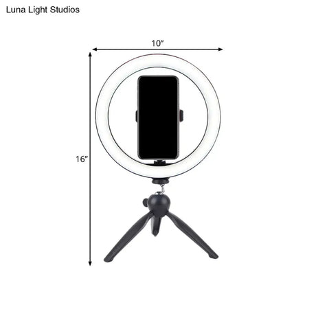 Portable Led Circle Makeup Phone Holder With Adjustable Tripod Stand In Sleek Black