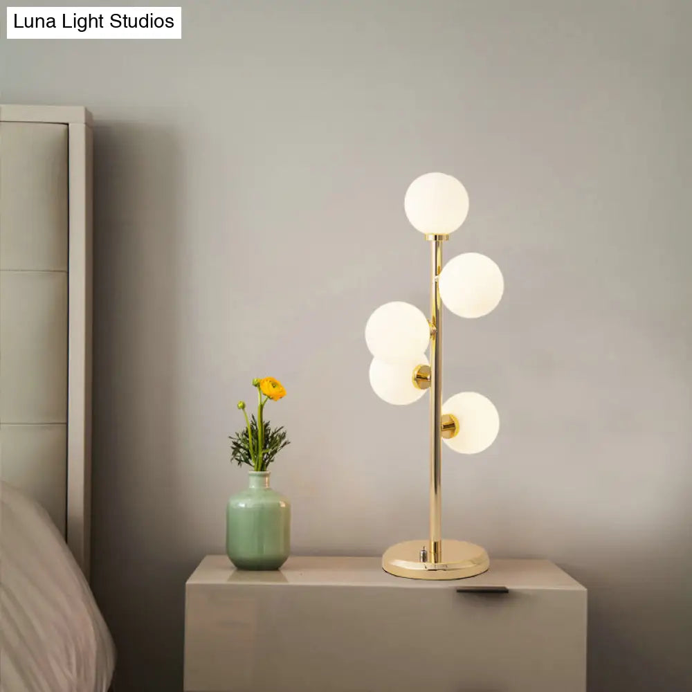 Post-Modern Cream Glass Nightstand Lamp With 5 Lights - Ball Metal Table Lighting In Black/Gold For