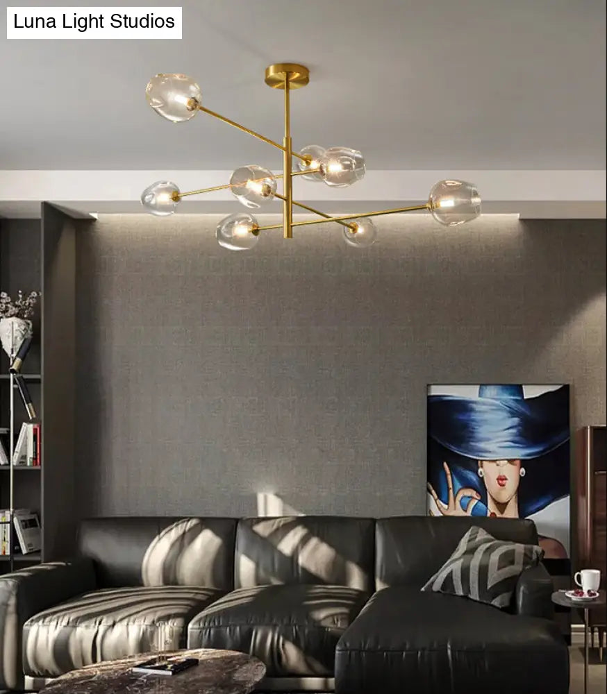 Post-Modern Gold Metal Chandelier With Glass Shades - Ideal For Living Room