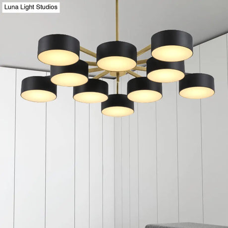 Post Modern Metal Drum Pendant Light - Black/Gold Chandelier For Living Room 3/5/6/10 Lights