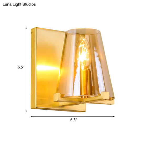 Post-Modern Rectangle Wall Sconce With Gold Finish Conic Amber Glass Shade & 1 Bulb
