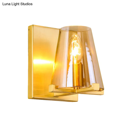 Post-Modern Rectangle Wall Sconce With Gold Finish Conic Amber Glass Shade & 1 Bulb