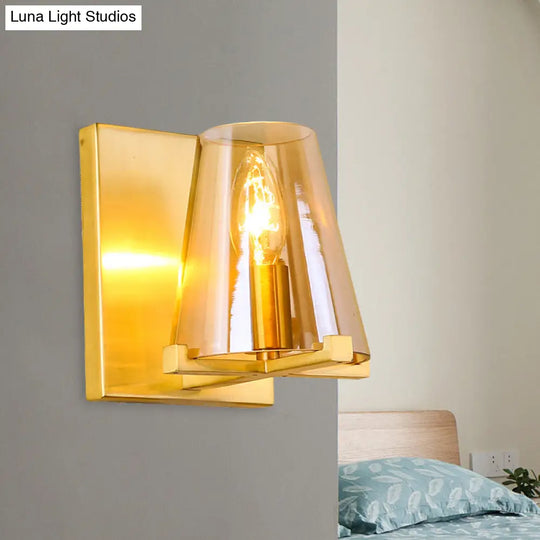 Post-Modern Rectangle Wall Sconce With Gold Finish Conic Amber Glass Shade & 1 Bulb