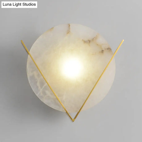 Post-Modern Round Panel Wall Light Sconce - Marble Bedside Lamp Fixture With Brass V Deco