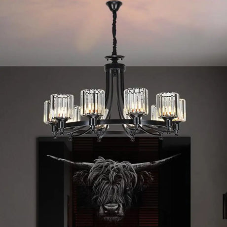 Postmodern 10-Head Cylinder Crystal Rod Pendant Chandelier – Black/Brass Hanging Ceiling Light Black