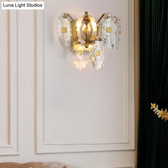 Postmodern 2-Light Wall Sconce With Clear Crystal And Green/Gold Gem Accent