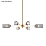 Postmodern 6-Bulb Gold Chandelier With Smoky Grey Cloche Glass Shade - Hanging Pendant