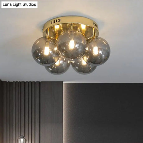 Postmodern Ball Smoke Grey Glass Ceiling Lamp With Gold Finish - Semi Flush Light Fixture (5 Lights)
