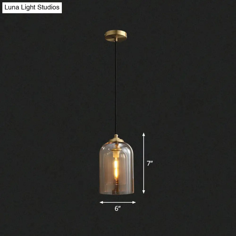 Modern Bedroom Hanging Lamp With Double Glass Cloche Shade Cognac