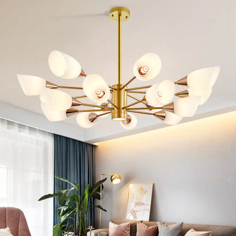 Postmodern Black/Gold Chandelier With Tulip White Glass Shade - 6/10/16 Bulbs For Living Room