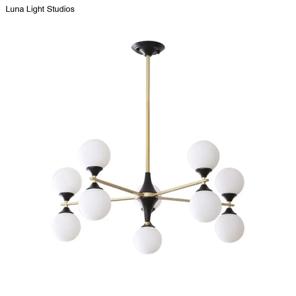 Postmodern Black-Gold Hanging Light With Ivory Glass Shades - 6/8/12 Heads