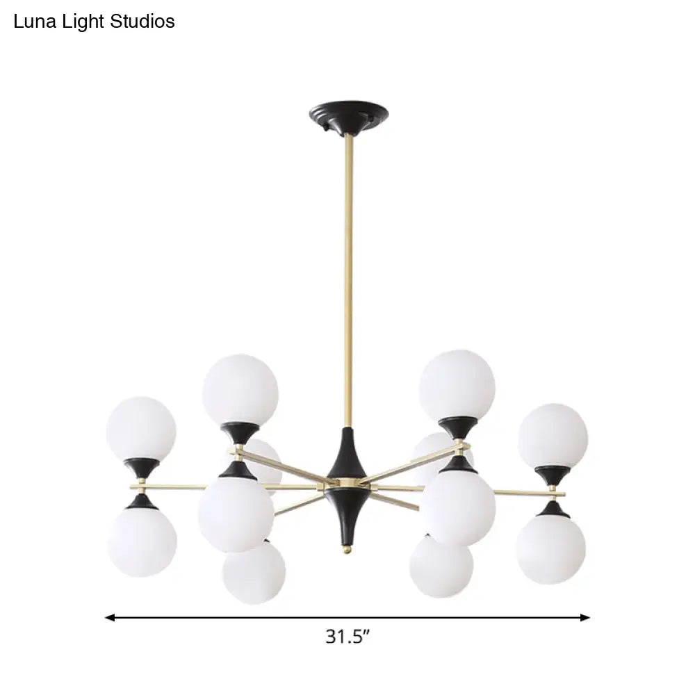 Postmodern Black-Gold Hanging Light With Ivory Glass Shades - 6/8/12 Heads