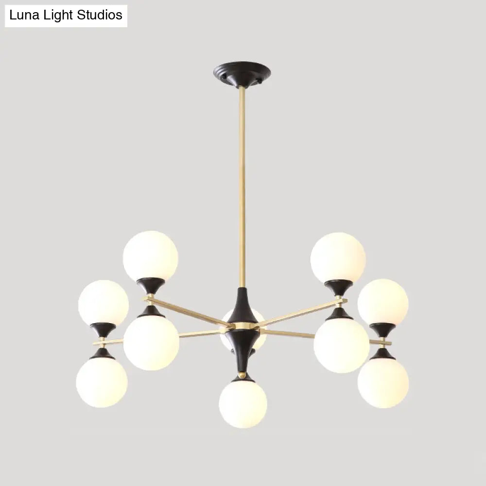 Postmodern Black-Gold Hanging Light With Ivory Glass Shades - 6/8/12 Heads