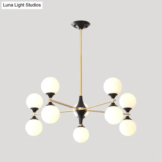 Postmodern Black-Gold Hanging Light With Ivory Glass Shades - 6/8/12 Heads