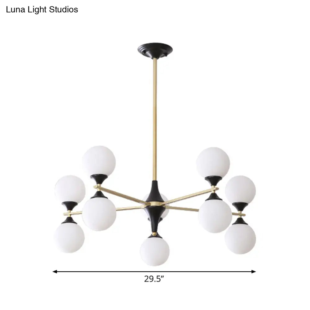 Postmodern Black-Gold Hanging Light With Ivory Glass Shades - 6/8/12 Heads