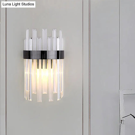 Postmodern Black/Gold Sconce Light Fixture With Crystal Rod Shade - 2 Heads Bedroom Wall