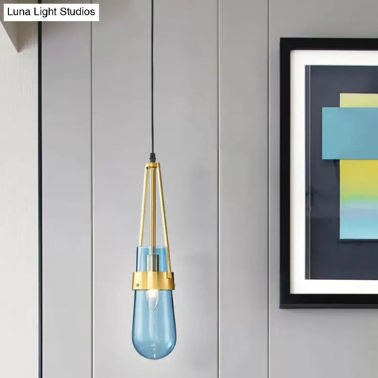 Clear/Blue Glass Pendant Lamp With Brass Gripper - Postmodern Drop Shape Dining Room Hanging Light