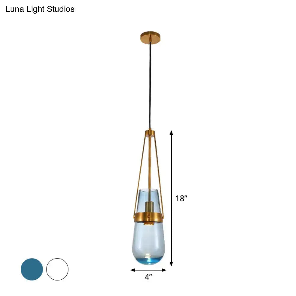 Clear/Blue Glass Pendant Lamp With Brass Gripper - Postmodern Drop Shape Dining Room Hanging Light