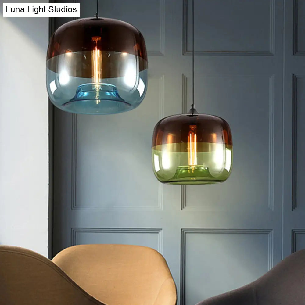 Postmodern Blue/Green-Brown Glass Drum Pendant Ceiling Light - Stylish 1 Bulb Suspension Lamp For