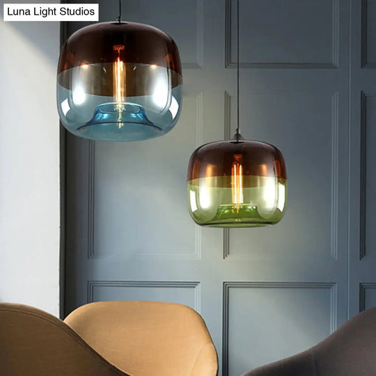 Postmodern Blue/Green-Brown Glass Drum Pendant Ceiling Light - Stylish 1 Bulb Suspension Lamp For