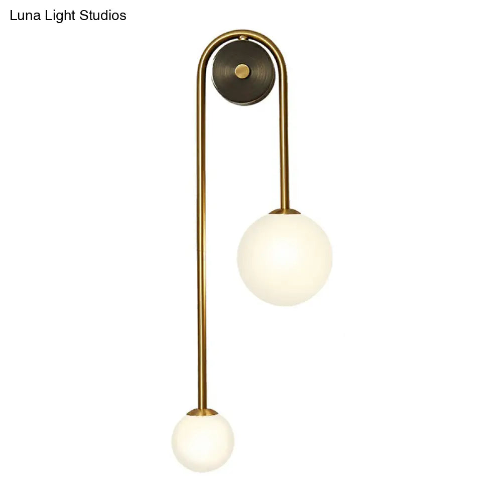 Postmodern Brass Arc Wall Sconce Light With Opal Glass Shade - 2-Head Metal Design