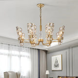 Postmodern Brass Candelabra Pendant Chandelier With Crystal Encrusted Ceiling Suspension – 6 Heads