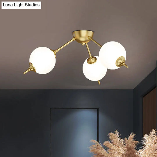 Postmodern Brass Ceiling Mount Light With Ivory Glass Shade - 2/3 Lights Semi Flush For Living Room