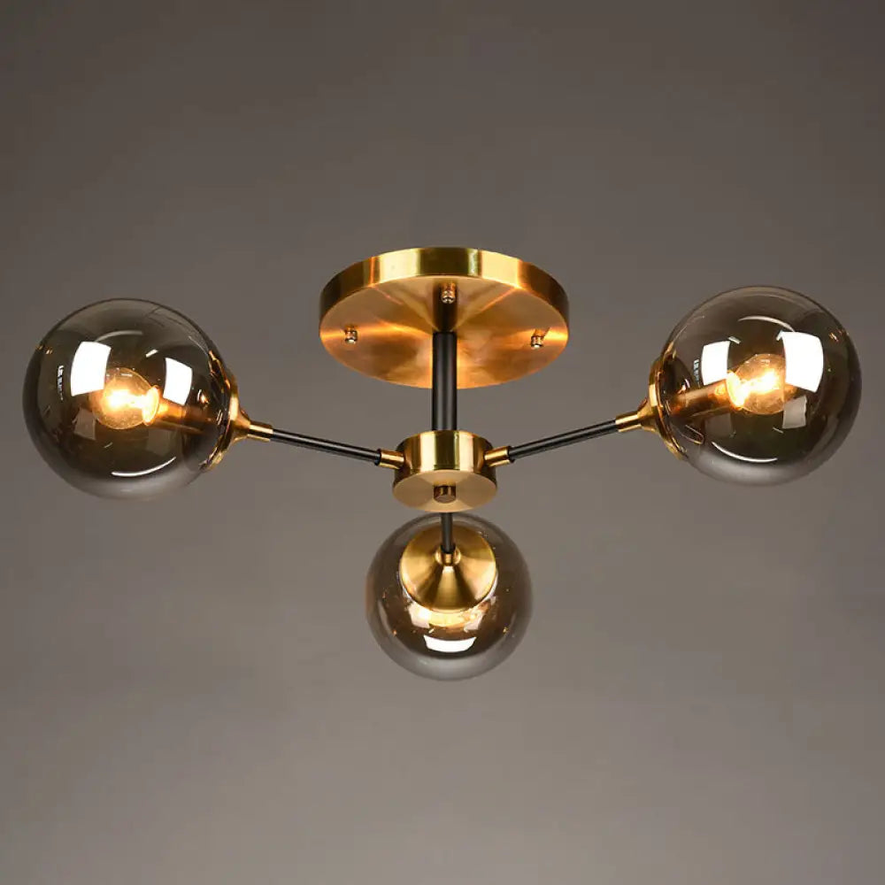 Postmodern Brass Flush Mount Light With Burst Design And Glass Ball For Living Room 3 / Smoke Gray