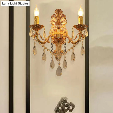 Postmodern Brass Wall Sconce With Crystal Drip Accent - Candelabra Style 1/2 Head Design For Living
