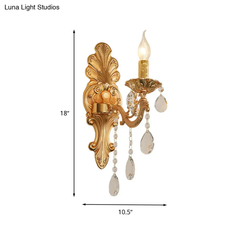 Postmodern Brass Wall Sconce With Crystal Drip Accent - Candelabra Style 1/2 Head Design For Living