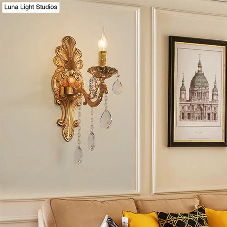 Postmodern Brass Wall Sconce With Crystal Drip Accent - Candelabra Style 1/2 Head Design For Living